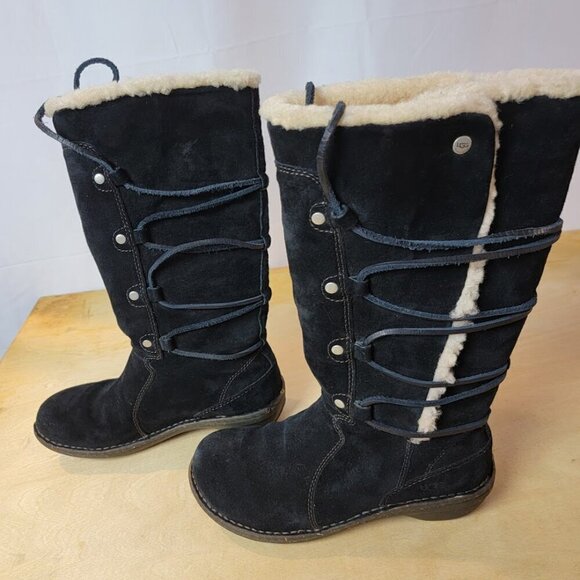 UGG SURFCAT 5158 Size 7 Leather Sheepskin Black Mid-Calf Lace Up Snow Boots - Picture 6 of 10